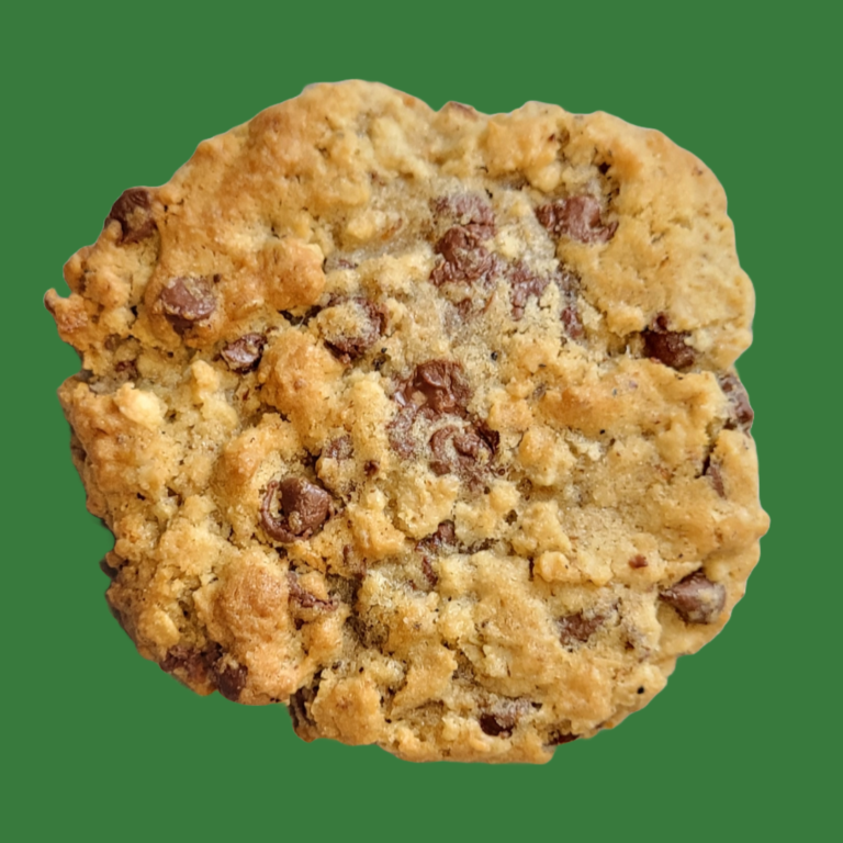 toasted oatmeal chocolate chip cookie on green background